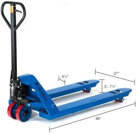 Side view of Global Industrial high-capacity pallet jack, blue powder-coated frame with 27 in W x 48 in L forks.