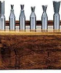 8 Piece Carbide Tipped Dovetail Router Bit Set For Incra Jig And Jointech With 1/2 Inch Shank Pro Grade displayed in wooden case