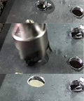Front view of a 5-flute countersink drill bit with 1/4 in hex shank against a metal plate with drilled holes