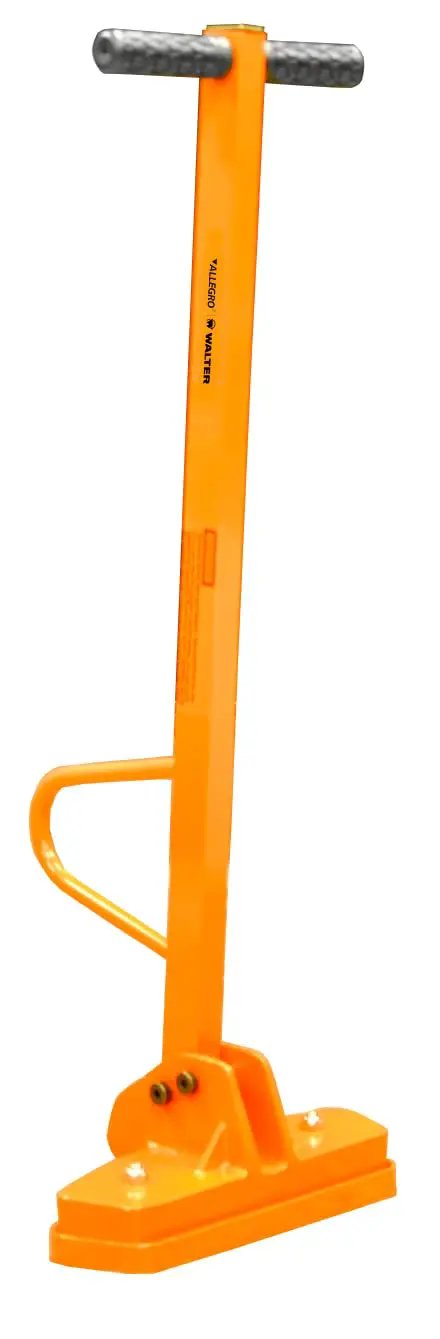 Compact Magnetic Lid Lifter That Cracks Open Tough Manhole Covers Without Breaking A Sweat While Hauling Up To 150 Pounds Thanks To Strong Neodymium Magnets And Solid Aluminum Frame In Orange, 34in height with rubber grip handle.