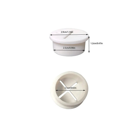 6 Pack Pure White Silicone Desk Cord Grommet, 1 Inch Flexible Wire Protector And Slick Cable Patch For Tables showing measurements.