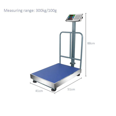 Heavy Duty Digital Platform Scale With Slick Folding Design And Compact Storage For Weighing Luggage And Shipping Boxes Up To Three Hundred Kilos featuring a blue platform and LCD display.