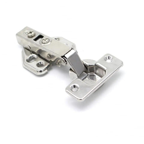 Top Grade Stainless Steel Soft Close Hinges For Cabinets And Closets Featuring Hydraulic Full Overlay Action With No Sweat Mounting And Rock Solid Durability In A 20 Piece Pack, close-up view.
