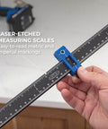 Close-up of Cabinet Hardware Jig Pro XL Flexible Full Length To Compact Setup with laser-etched measuring scales and modular bar