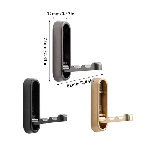 Foldable Wall Mounted Coat Hook Built With Heavy Duty Steel No Sweat Install with black, gold, and gray finishes, measures 72mm by 12mm.