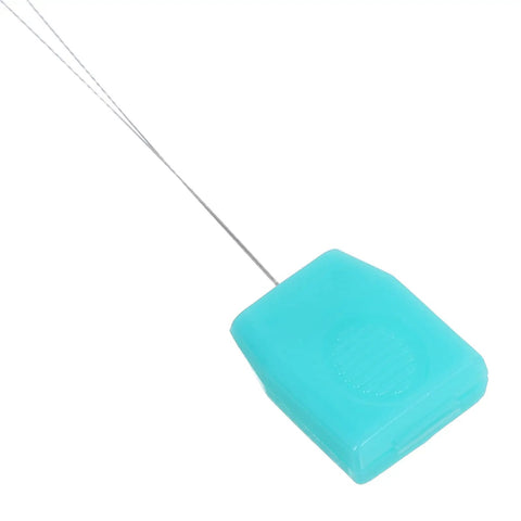 Long Needle Threaders Set Of 20 Pieces For Quick Threading In Sewing And Embroidery, Durable 7.9 Inch Stainless Steel Tools For DIY Projects, Easy Grip And Speedy Crafting. Close-up of turquoise handle and stainless steel needle threader
