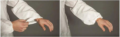 Close-up of elastic cuffs on Disposable Protective Coveralls Hazmat Suit for Men and Women Lightweight SMMS Microporous Material