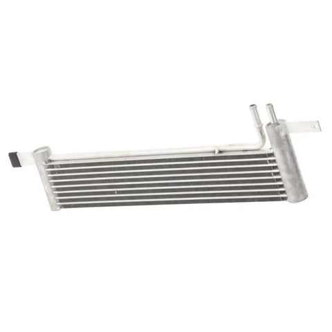 Heavy Duty Aluminum Transmission Oil Cooler For Ford Mustang 2015-2022, Perfect Replacement That Upgrades Heat Sinking For Better Performance And Keeps Things Running Smooth Under Pressure Without Breakdowns. front view aluminum cooler with fittings