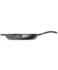 Side view of 10 Inch Preseasoned Cast Iron Skillet With Ergonomic Handles, Pour Spouts, And Durable Build For Searing Steaks and Frying Eggs.