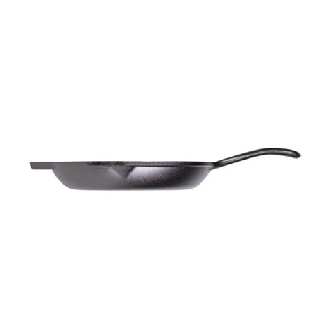 Side view of 10 Inch Preseasoned Cast Iron Skillet With Ergonomic Handles, Pour Spouts, And Durable Build For Searing Steaks and Frying Eggs.