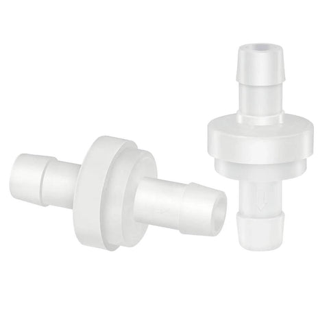 Inline check valve, 1/4 in hose ID, white plastic, pack of 2