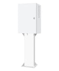 Heavy Duty EV Charger Cover Wall Mounted Rainproof Galvanized Steel Shield Hella Tough For Indoors Outdoors Plug N Play Ready With Complete Mount Kit in white finish on a pedestal.