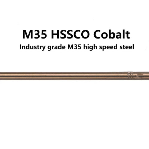 Five Pack Heavy Duty M35 Cobalt Drill Bit Set 1/8 X 12 Inch Extra Long Extension Bits close-up view of M35 HSSCO cobalt drill bit.