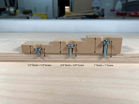 Side view of three wood pieces with screws, labeled for different thicknesses, demonstrating the Half Inch By Fourteen Inch Two Step Plunge Router Bit With One Quarter Inch Shank For Zeroplay And Matchfit Hardware use