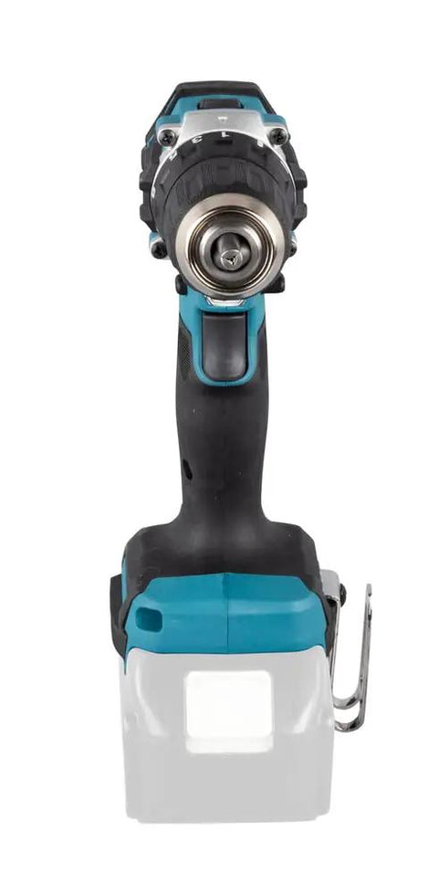 Heavy Duty 18V Brushless Cordless Drill Driver Featuring 20 Torque Settings And A Hard Hittin 13mm Keyless Chuck front view with handle.
