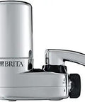 Faucet Water Filter System With Light Indicator Chrome Finish installed on a tap, showing side view of chrome unit providing cleaner tasting water.