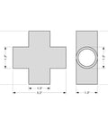 Diagram showing dimensions of Four Way Flush Cross PVC Fitting for Home DIY Projects and Garden Three Quarter Inch Schedule 40 Connector