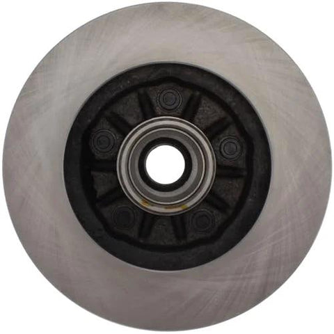 Centric front brake rotor with central hub bearing; round silver metal disc.