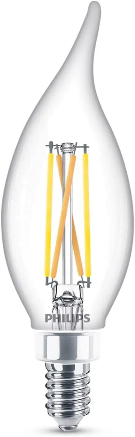 Close-up of a single LED candelabra bulb with clear glass and filament, part of 3 Pack LED Candelabra Bulbs E12 Dimmable Soft White 2700K 60W Equiv 500 Lumen Flicker Free Ultra Definition CRI95 Eye Friendly Lighting for Chandeliers and Pendant Fixtures