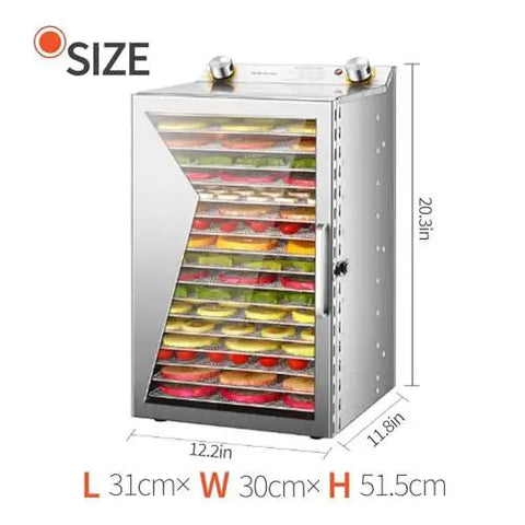 Top Tier Commercial Food Dehydrator With Heavy Duty Stainless Steel Trays, dimensions displayed with trays of dried fruit.
