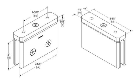 Technical drawing of Workhorse Pivot Glass Hinge for half inch doors up to thirty six inches wide and one hundred forty five pounds capacity.