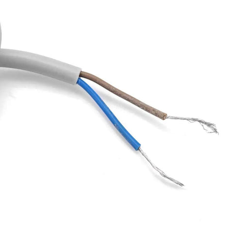Close-up view of the wire ends for an 8mm NPN NO Inductive Proximity Switch Sensor, 12-24V DC (6-36V) Wide Range, 2-Wire Normally Open.
