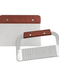 Front view of 2-pack stainless steel wavy chopper and straight scraper with wooden handles.