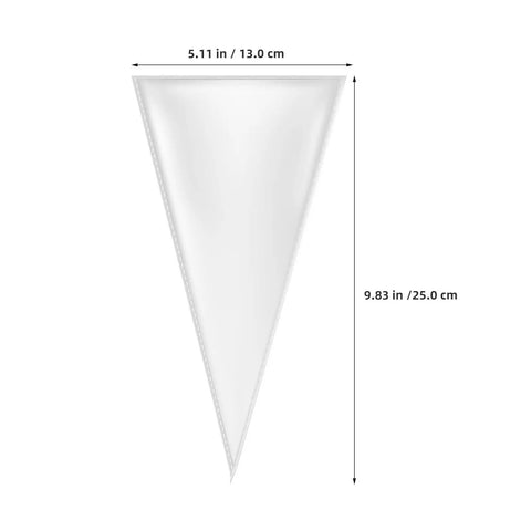 Cone Shaped Treat Bags For Popcorn And Snacks Pack Of 500 Clear Heat Resistant Pouches dimensions shown, triangular shape