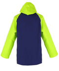 Back view of Heavy Duty Waterproof PVC Rain Jacket With 650GSM Shell Hi Vis Panels And Helmet Compatible Hood Welded Seams For Fishing Offshore Work And Pressure Washing Blue Neon.