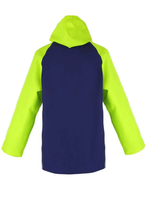 Back view of Heavy Duty Waterproof PVC Rain Jacket With 650GSM Shell Hi Vis Panels And Helmet Compatible Hood Welded Seams For Fishing Offshore Work And Pressure Washing Blue Neon.
