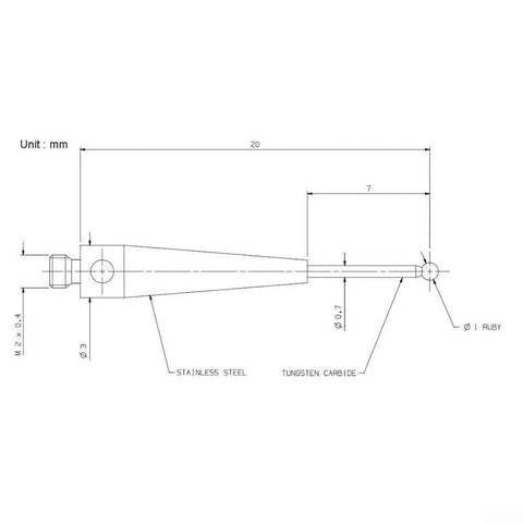 Side view of CMM touch probe stylus with 1 mm ruby ball tip, 20 mm length, M2 thread; stainless steel body.