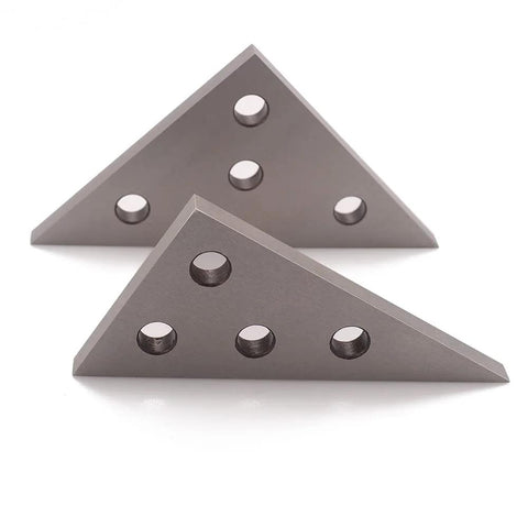 Two gray metal right-angle plates for 30-60-90 and 45-45-90 angles, with multiple holes.
