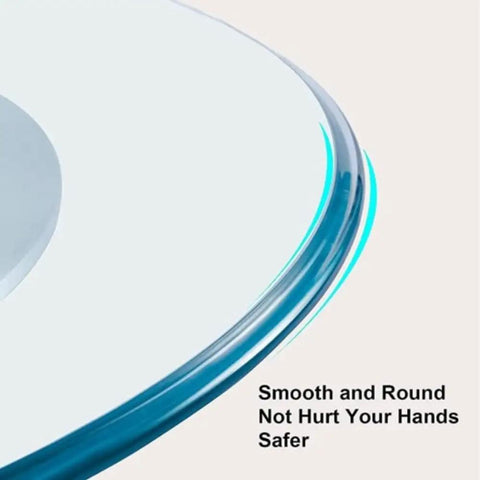 Close-up of smooth edge on 40 Inch Round Glass Lazy Susan Turntable For Tabletop And Kitchen Counter Heavy Duty Rotating Tray.