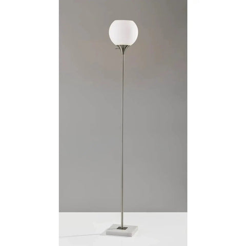 Fiona Torchiere Floor Lamp In Brushed Steel With Marble Base And Opal Glass Shade Modern Tall Decor Lighting For Living Room
