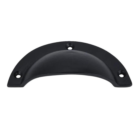 Front view of Set Of 10 Cast Iron Cup Drawer Pulls With Black Coated Finish, Dimensions 3.75 by 1.63 Inches And 3.25 Inch Cup Diameter