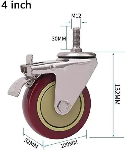 Tough As Nails And Smooth Rolling Heavy Duty Swivel Caster Wheels With Brake Lockable 3 Inch Universal Polyurethane Tread M12 X 30Mm Thread Stem 4 Pack Industrial Transport Workhorse Wheel Set, 4 inch swivel caster with dimensions showing M12 stem.
