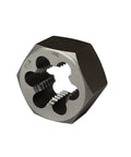 Beefy 11 Piece UNC Hex Die Set For Rethreading Carbon Steel In Black Box With Handle Includes Screw Gauge Sizes One Quarter Inch Five Sixteenths Three Eighths Seven Sixteenths One Half Nine Sixteenths Five Eighths Three Quarters Seven Eighths One Inch single hex die close-up