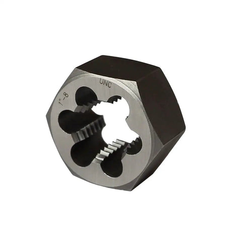 Beefy 11 Piece UNC Hex Die Set For Rethreading Carbon Steel In Black Box With Handle Includes Screw Gauge Sizes One Quarter Inch Five Sixteenths Three Eighths Seven Sixteenths One Half Nine Sixteenths Five Eighths Three Quarters Seven Eighths One Inch single hex die close-up