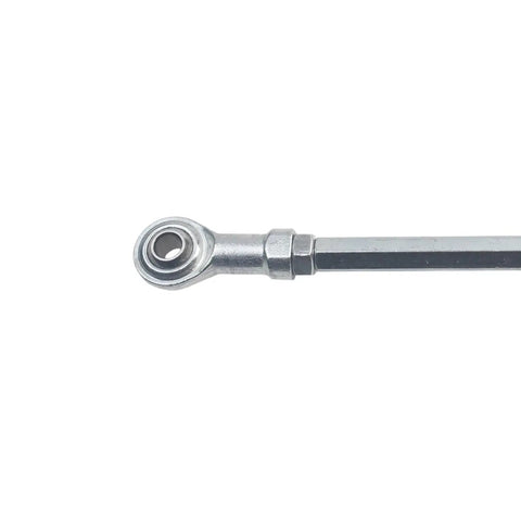 Adjustable Steering Tie Rods Set Of 2 238mm 240mm Lengths With 8mm Hole For 49cc Go Karts And Electric ATVs Built Beefy From Rust Resistant Metal For Easy Fit And Long Lasting Performance. close-up metal tie rod end with 8mm hole