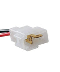 Close-up of a white electrical connector with red and black wires, part of the 12V Electric Fuel Pump Kit Universal For Carburetor Engines.