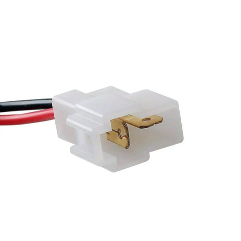 Close-up of a white electrical connector with red and black wires, part of the 12V Electric Fuel Pump Kit Universal For Carburetor Engines.