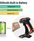 Rugged Industrial Wireless Barcode Scanner 2D QR And 1D Reader, 2.4G Wireless, 2500mAh Battery, Bluetooth Compatible, Drop Resistant for Windows Mac Android iOS Model 8100 Orange with charging and usage details.