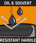 Illustration of oil-resistant handle from the Nine Point Five Inch Cotter Pin Puller Pro Grade With Ergonomic Tri Lobe Dual Material Handle.