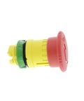 Side view of Emergency Stop Push Button Head 40mm Red Mushroom for Harmony X85 22mm, yellow base, turn-to-release mechanism.