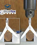 Round Bar Center Finder Tool for Milling Machines With Three Eighths Inch Shank, locating center on round wooden workpiece.