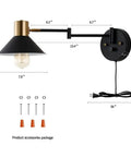 Dimensions and accessories for Plug In Wall Sconce With Swing Arm And Dimmer, Black Adjustable E26 Vanity Light for indoor use.