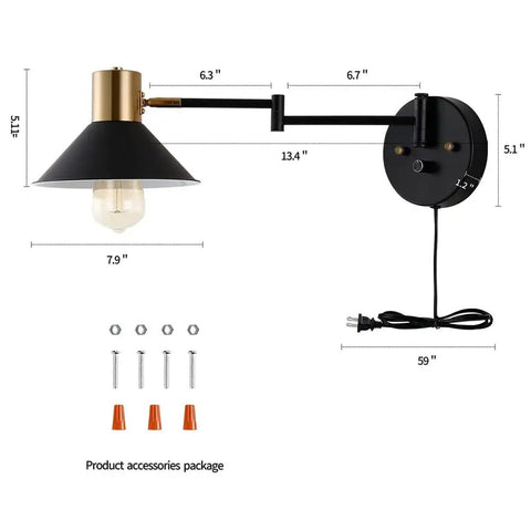 Dimensions and accessories for Plug In Wall Sconce With Swing Arm And Dimmer, Black Adjustable E26 Vanity Light for indoor use.