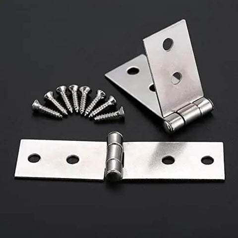 Two Pack Cabinet And Luggage Hinges With Screws, 74 By 20 Mm, 4 Holes, Zinc Alloy; durable hardware for vintage boxes or furniture.