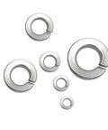 Front view of stainless steel SAE spring lock washers set in 6 sizes (1/4, 5/16, 3/8, 7/16, 1/2, 5/8 in)