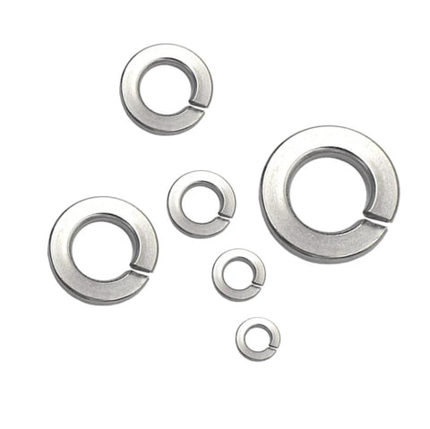 Front view of stainless steel SAE spring lock washers set in 6 sizes (1/4, 5/16, 3/8, 7/16, 1/2, 5/8 in)